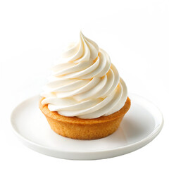 A single vanilla cupcake with a swirl of white frosting on a white plate against a black background