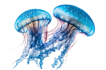 Jovial jellyfish dancing gracefully in the ocean, their vibrant blue bodies shining under sunlight, creating a mesmerizing underwater spectacle filled with movement and fluidity
