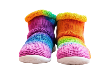 Colorful knitted baby footwear with vibrant rainbow design isolated on a clean surface for stylish little ones dressed for playful adventures
