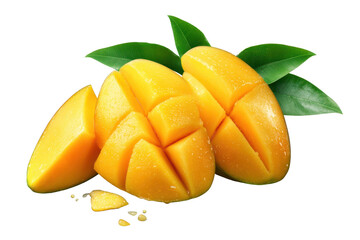 Fototapeta premium Fresh mango slices isolated on a transparent background showcasing vibrant yellow color and juicy texture for a summer feel