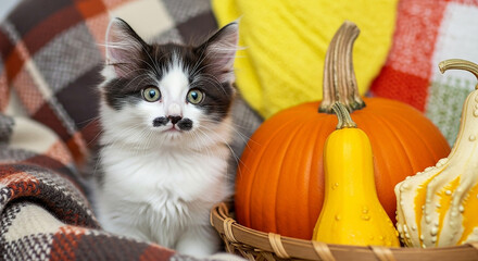 Cute fluffy black and white kitten with a mustache sitting among pumpkins and gourds on a cozy blanket, autumn harvest theme