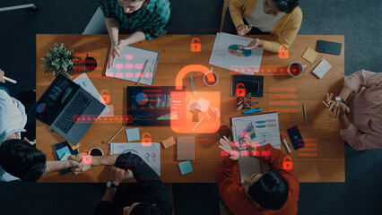 A diverse business team engaged in a collaborative meeting surrounded by charts and technology, with an overlay of an open padlock symbolizing data security concepts. Trope