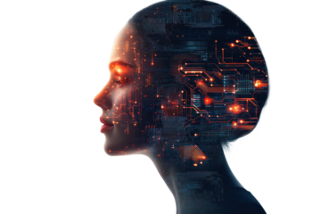 Profile of a woman with a head filled with glowing technology elements, showcasing a blend of beauty and digital art in a modern setting during daytime