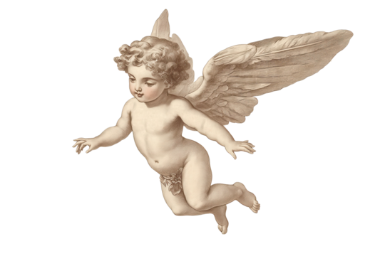 Vintage romantic illustration showcasing a cherub with delicate wings in mid-flight, capturing a moment of ethereal beauty and charm in pastel tones