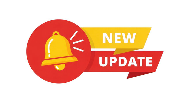 New update notification bell banner with vibrant ribbon isolated on transparent background