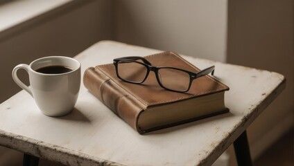 A book, glasses, and coffee on a small table near a window. Soft light and cozy ambiance