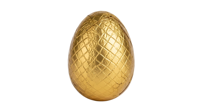Golden Chocolate Easter Egg, Wrapped in Textured Foil with Diamond Pattern, isolated on white or transparent background, AI