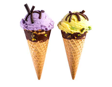 Two Variations of Delicious Double Scoop Ice Cream Cones with Chocolate Toppings – isolated on transparent background