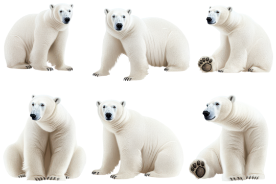 Collection of polar bears in multiple poses showcasing their varied stances and expressions in a natural setting