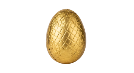 Golden Chocolate Egg, Wrapped in Textured Foil with Diamond Pattern, isolated on white or transparent background, AI