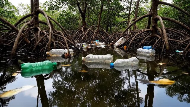 Plastic bottle trash floating in dark water near mangrove tree roots, showcasing environmental pollution and ecology concept footage.