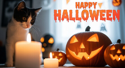 A cute black and white cat sits next to a carved pumpkin with a candle, celebrating halloween with festive decorations and a happy halloween banner