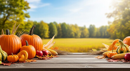 Abundant harvest of pumpkins and gourds arranged on a rustic wooden table with a golden field and trees in the background during a sunny autumn day