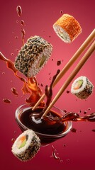 A bowl of sauce with chopsticks in it