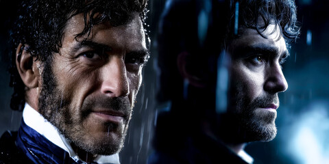 A conceptual image representing the theme of duality, with one side of the character looking forward and the alter ego in profile.