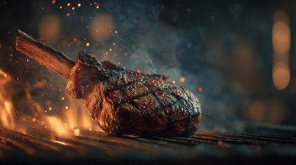 A piece of meat is on a grill and is being cooked