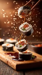 A plate of sushi with a sauce dripping from it