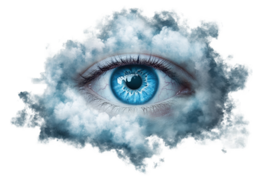Surreal artwork showcasing a vivid blue eye surrounded by soft, swirling clouds, creating an enchanting and dreamlike atmosphere