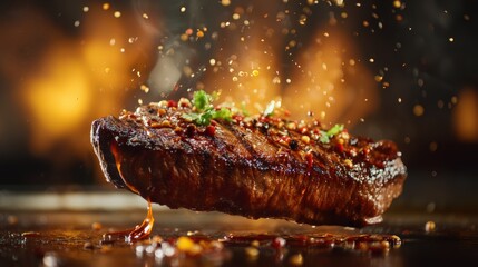 A piece of meat is being cooked on a grill