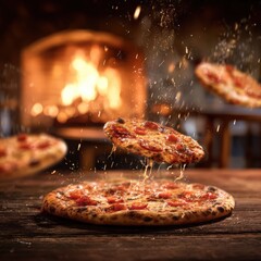 A pizza with pepperoni on it is being thrown into the air