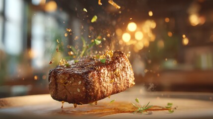 A piece of meat is on a plate with sauce and herbs