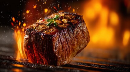 A piece of meat is on a grill and is surrounded by flames