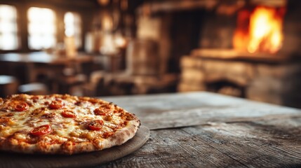A pizza is sitting on a wooden table in front of a fireplace