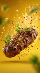 A piece of meat with herbs on top of it