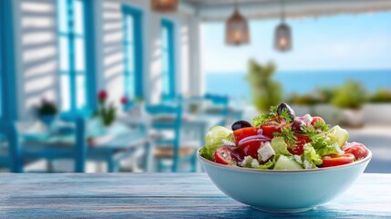 A bowl of salad with tomatoes and cucumbers on a table