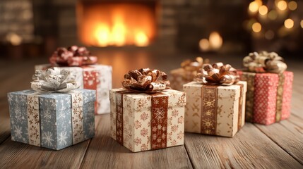 A row of five presents with bows on top