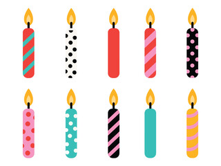 Burning Birthday Cake Candle Vector Collection – Cute Flat Design Candlelights Set for Party Invitations, Celebration Cards, and Festive Birthday Artwork