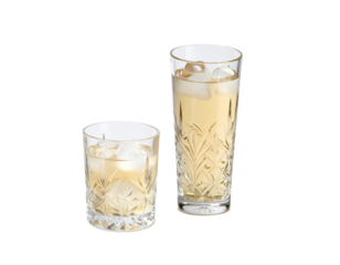 Dual Crystal Glasses with Engraved Floral Patterns and Ice Cubes, isolated on transparent background