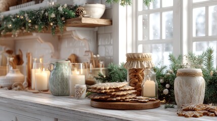 A table with a variety of food and drinks, including cookies, a jar of nuts