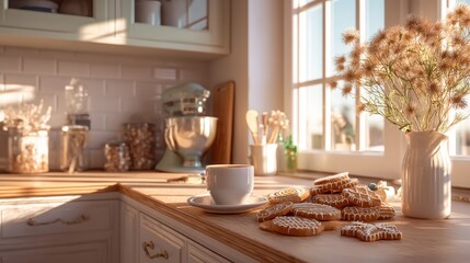 A white cup with a white saucer sits on a wooden counter