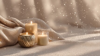 Three candles are lit on a tablecloth