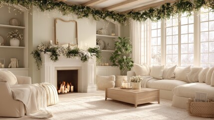 A living room with a fireplace and a Christmas tree