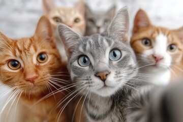 Cuatro gatos con expresiones curiosas y juguetones miran directamente a la cámara.