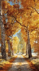 Obraz premium Nature's golden blanket: an enchanting birch grove in early frost. Action poster. Golden leaves and misty horizons: an autumnal birch lined scenic route. Drama poster. Movie artwork.