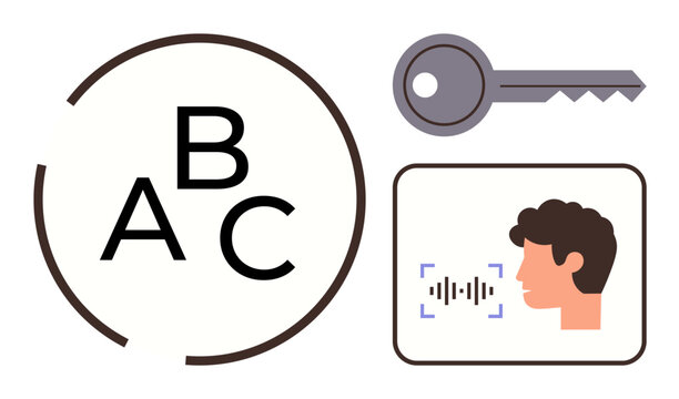 Letters, key, and speech waveform near a face symbolizing voice recognition and language in secure authentication. Ideal for AI, tech, security, communication, linguistics, data protection simple