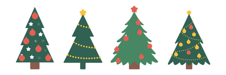 New Year and Christmas Vector Set with Evergreen Fir Trees Decorated with Balls, Stars, and Garlands for Holiday Cards, Seasonal Projects, and Festive Design Concepts