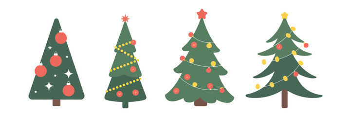 New Year and Christmas Vector Set with Evergreen Fir Trees Decorated with Balls, Stars, and Garlands for Holiday Cards, Seasonal Projects, and Festive Design Concepts