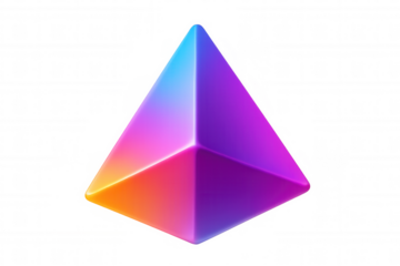 Vibrant glowing pyramid reflecting neon gradient colors. Abstract geometric 3d object on transparent background