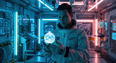 Space mission concept showing cosmonaut studying virtual planet projection in a space station.