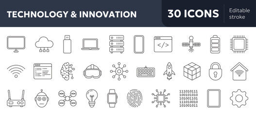 set of 30 minimal line icons featuring modern technology and innovation concepts such as coding, robotics, and digital devices, drawn in clean outline style