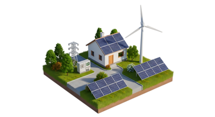 Isometric view of a house, with solar panels and wind turbine generating clean energy, isolated on white or transparent background, AI