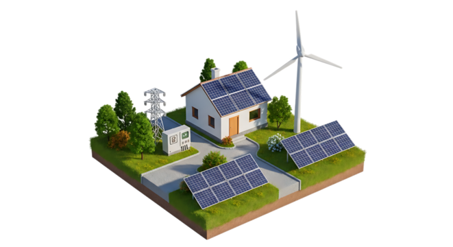 Isometric view of a house, with solar panels and wind turbine generating clean energy, isolated on white or transparent background, AI - Powered by Adobe