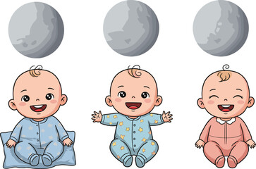 Cute baby sitting with gray moon cartoon illustration for nursery art, baby products, and bedtime theme decoration design