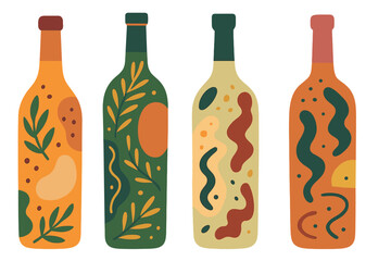 Set of wine bottles in trendy abstract style. Vector flat hand drawn illustration for menu, posters, wine bar branding. Natural organic shapes, modern art concept for winery.