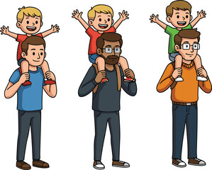 Happy fathers carrying children on shoulders cartoon illustration showing joyful family bonding, love, and parenting moments