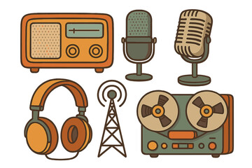 Retro radio broadcast equipment set. Vintage microphone, headphones, tape recorder, and radio tower icons. Flat vector illustration for podcast, music, sound recording concepts.